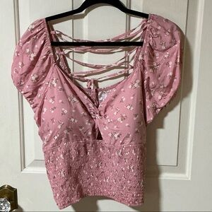 No Boundaries Pink Floral Twist Front Smocked Blouse Sz 3X